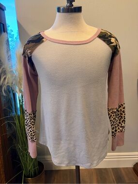 NWOT Pink & Beige Knit Top with Cammo and Animal Print - Large